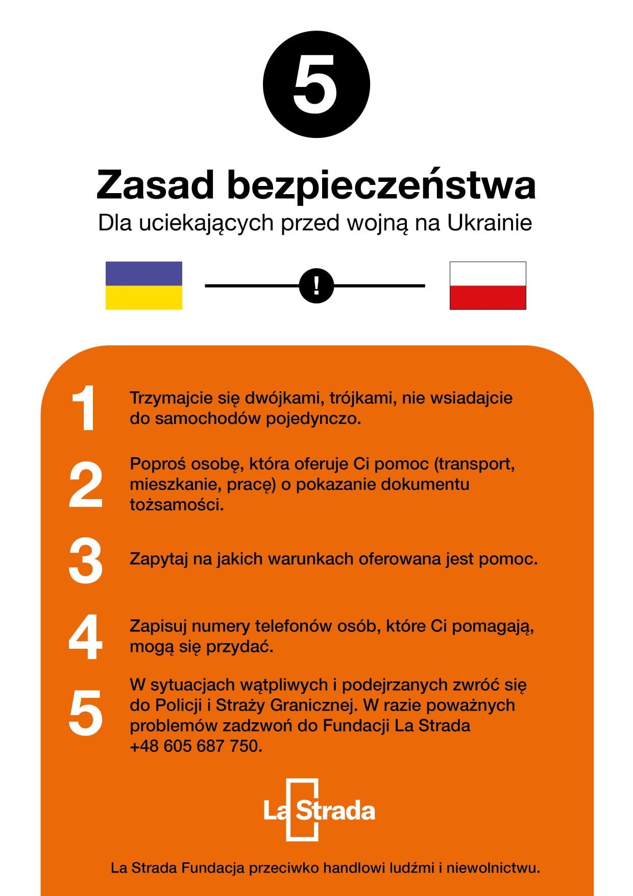 Ulotka w języku polskim z zasadami bezpieczeństwa dla uciekjących przed wojną 