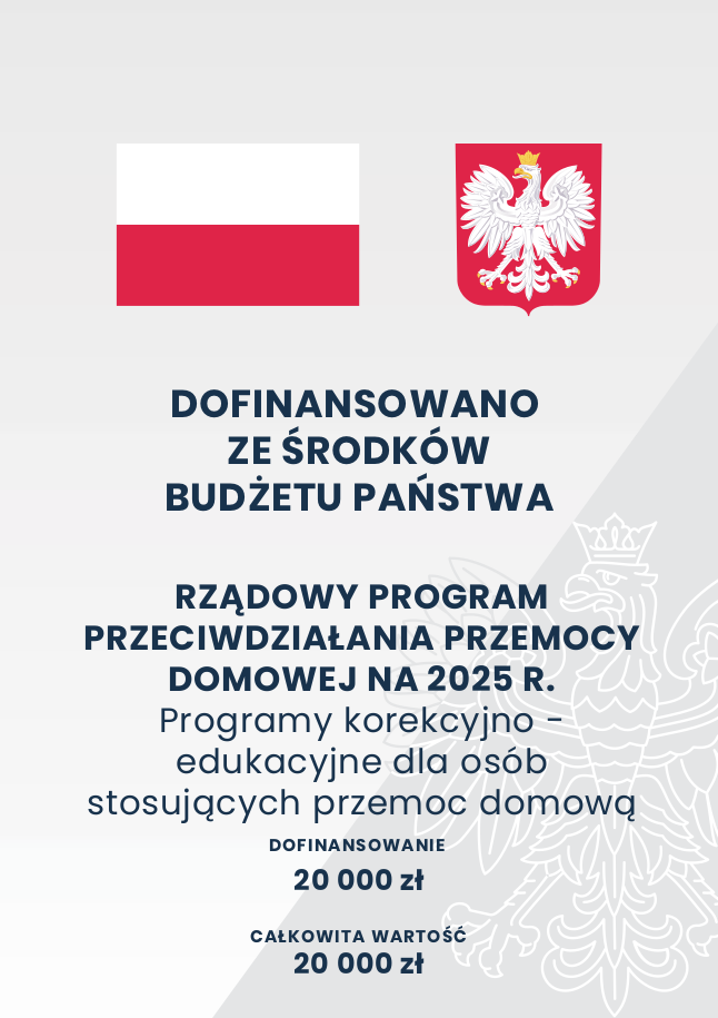 Informacja o dofinansowaniu w ramach Krajowego Programu Przeciwdziałania Przemocy w rodzinie na 2025r w kwocie 20 000zł