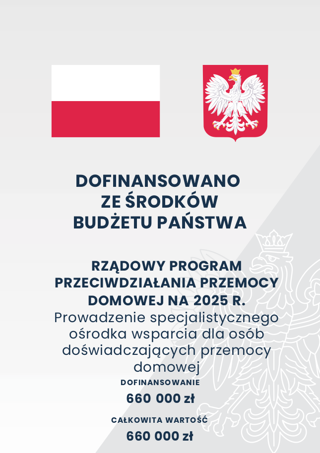 Informacja o dofinansowaniu w ramach Krajowego Programu Przeciwdziałania Przemocy w rodzinie na 2025r w kwocie 660 000zł